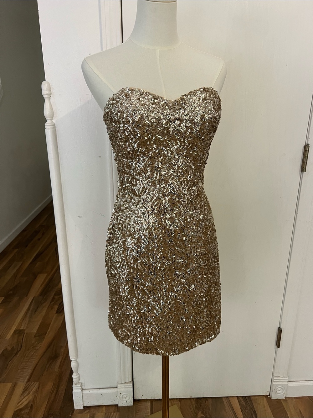 American Vintage Strapless Gold Sequin Encrusted Mini Dress